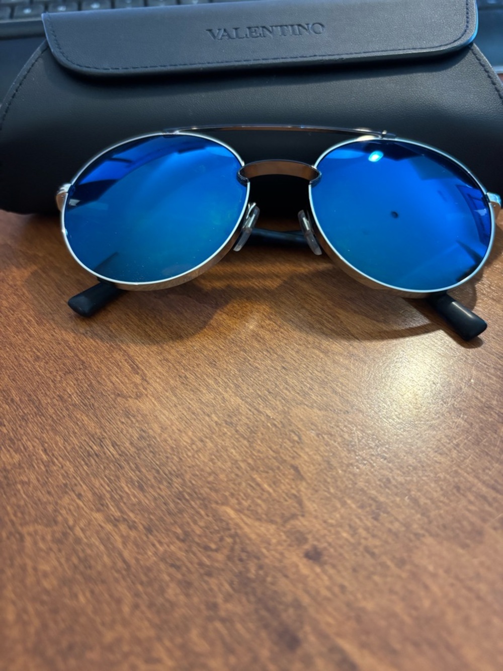 Valentino Silver Frame Sunglasses with Blue Mirrored Lenses